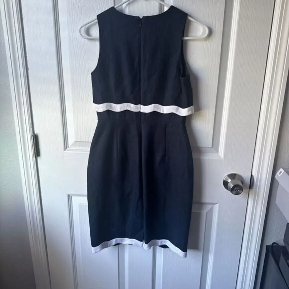 J CREW Going Places Linen Dress Size  00P tall Sleeveless Navy White Scallop Hem